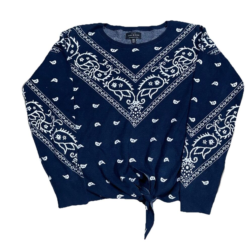 Lucky Brand Bandana Paisley Cotton Sweater Womens Medium Pullover Knit Top
